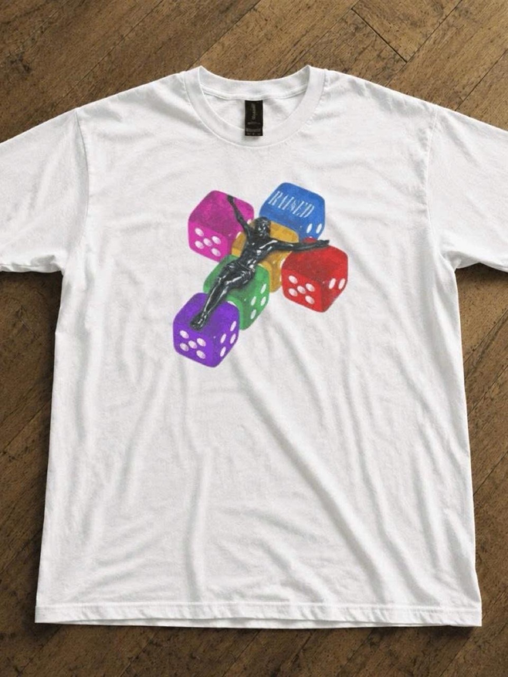 Gildan White T-Shirt with Colorful Dice Cross Graphic